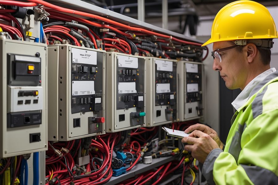 Engineer testing a relay protection panel